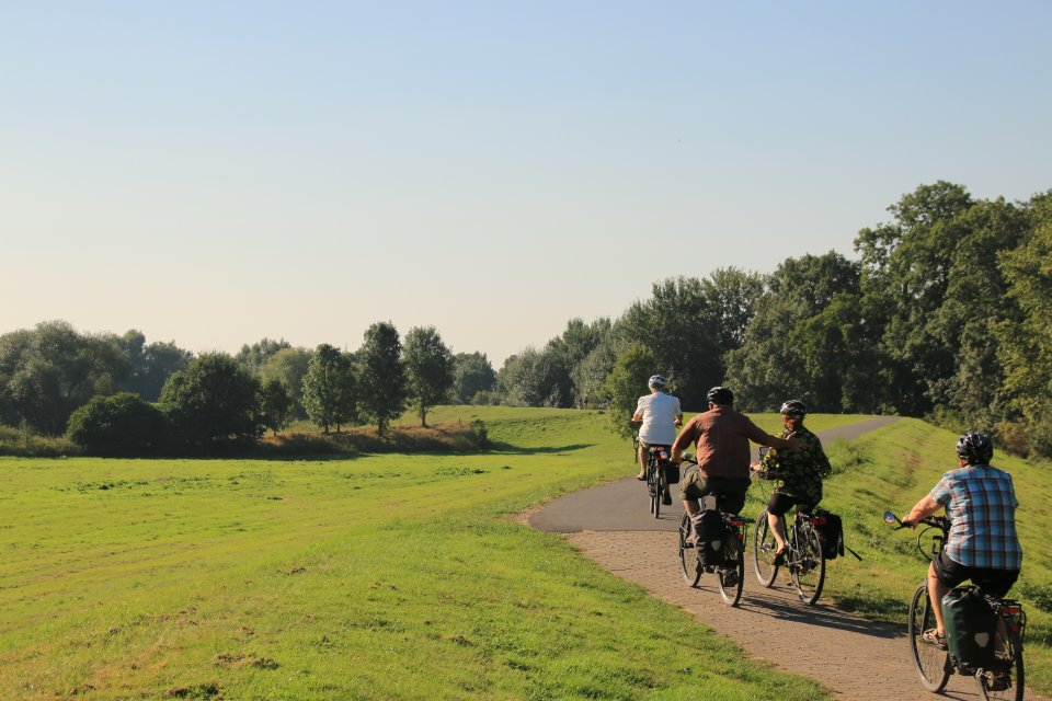 Vier Radfahrer auf dem Deich im Ortsteil Habenhausen